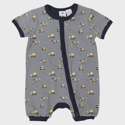 Trucks and Diggers Short Sleeve Zip Romper | Navy