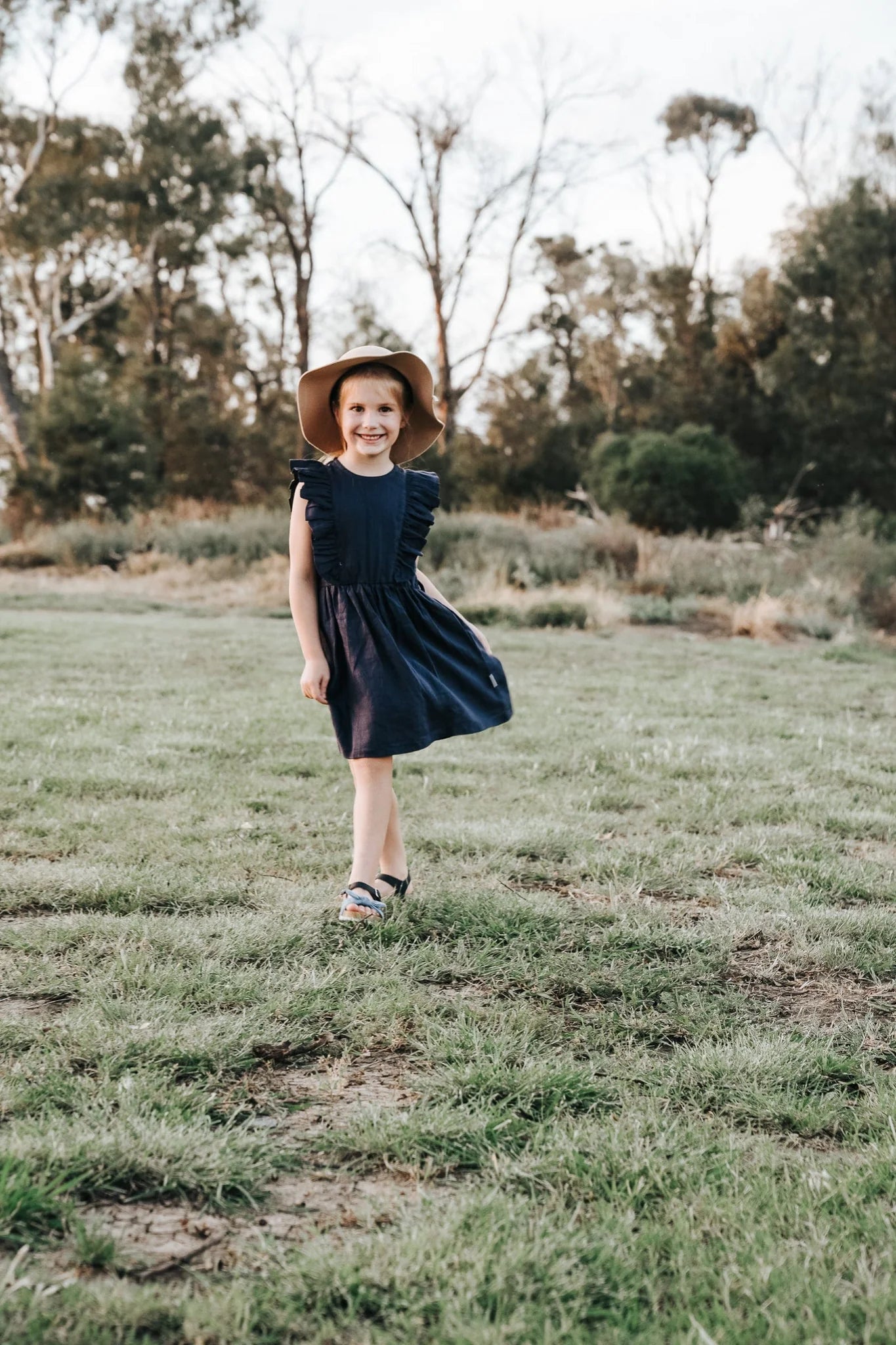 Girls Florence Summer Dress - Navy Linen