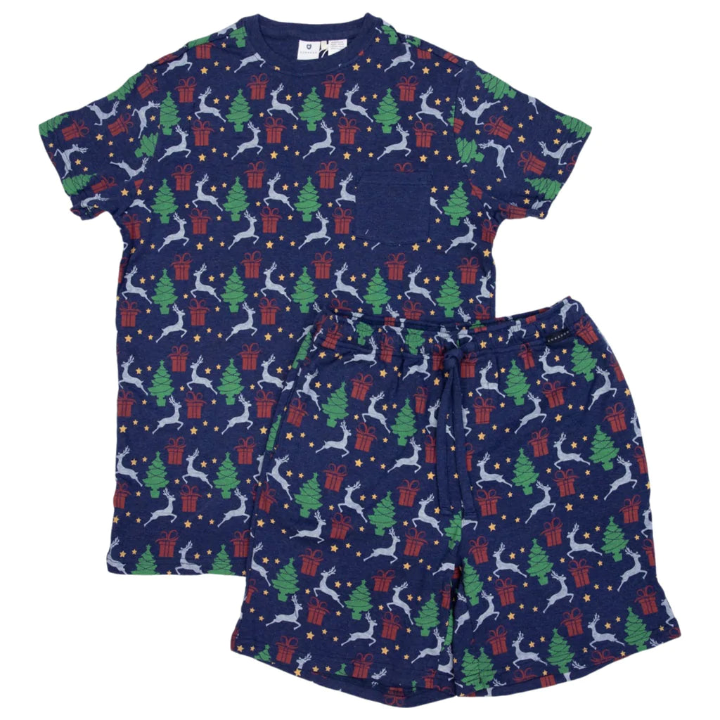 Men's Adult Cotton Modal Xmas Short Sleeve Top & Short Navy