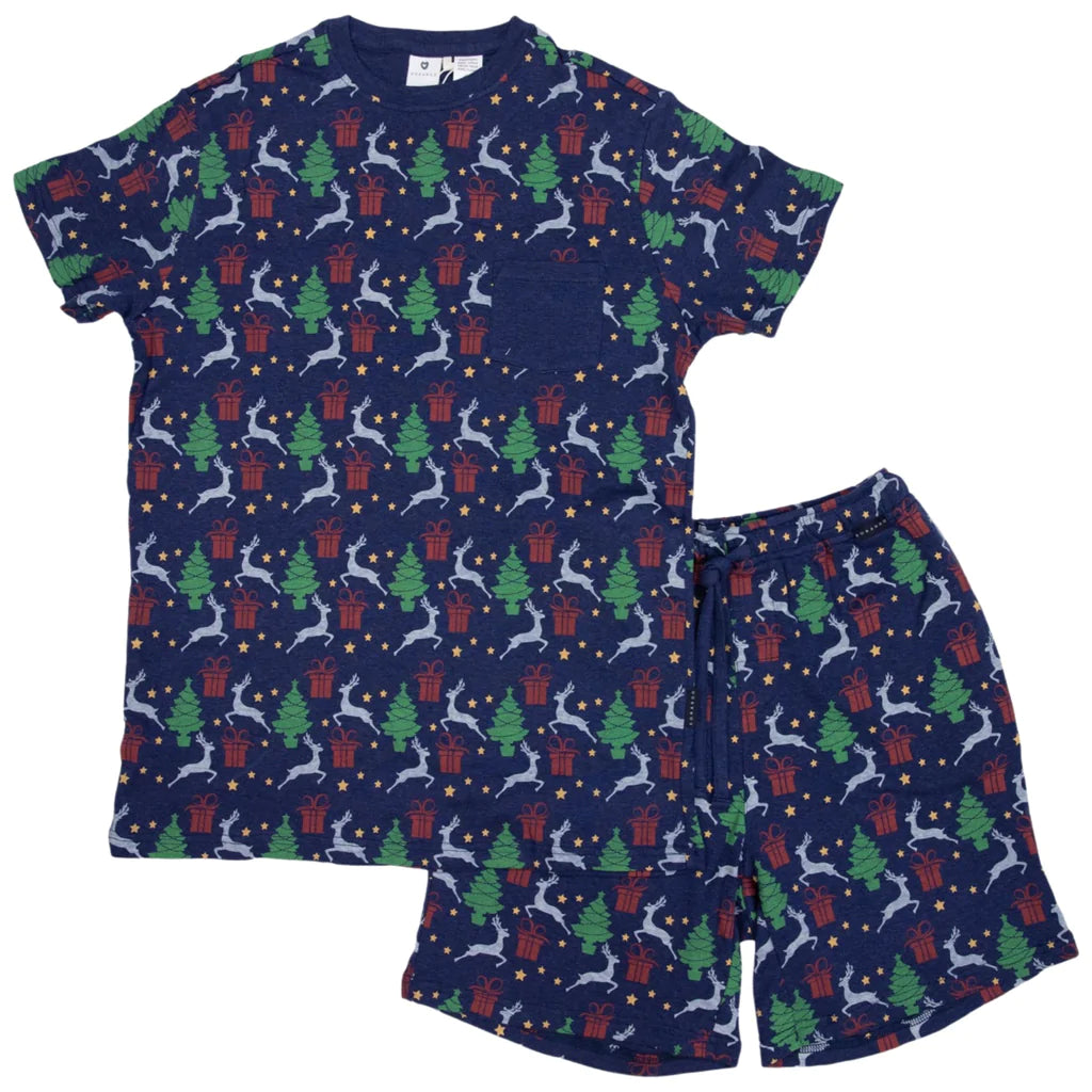 Men's Adult Cotton Modal Xmas Short Sleeve Top & Short Navy